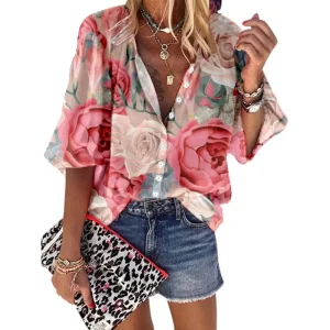 Casual Printed Design Half Sleeve Non Stretch Loose Blouse
