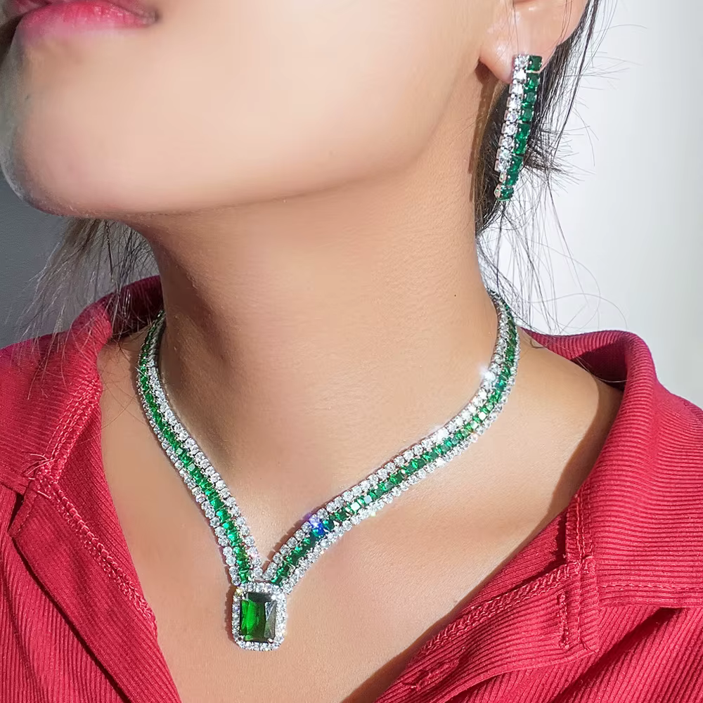 Elegant Cubic Zirconia Big Geometric Square Luxury Party Jewelry Set